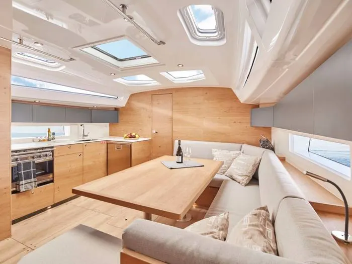 A yacht salon and galley, photographed for a listing