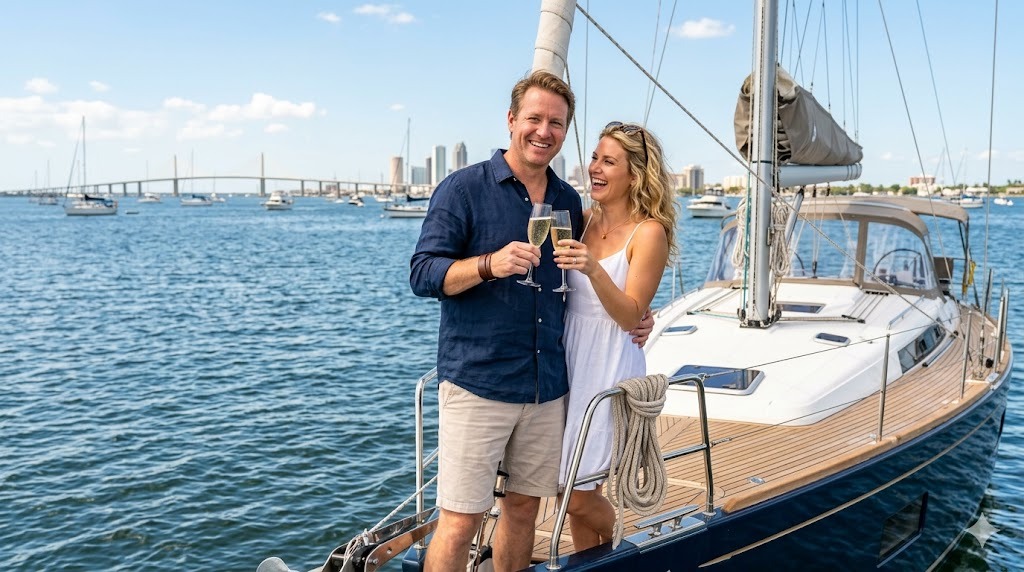 couple celebrating yacht purchase Tampa Bay spring sailing season Florida