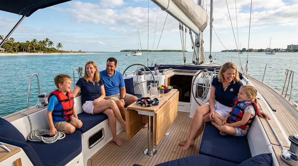 family sailing Florida Gulf Coast children laughing on yacht deck safety comfort