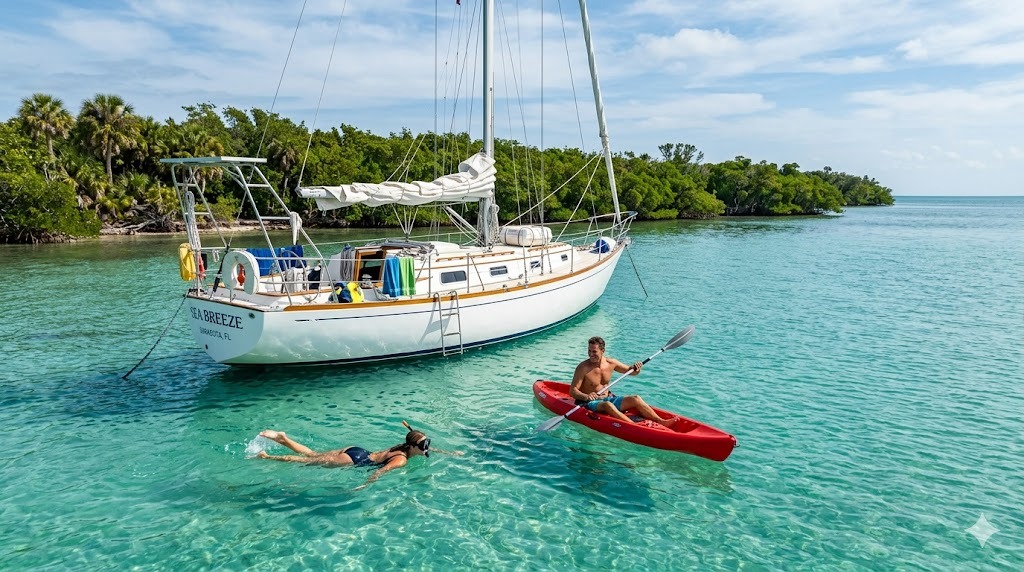 sailing to remote anchorage near Tampa Bay Florida couple exploring crystal clear water