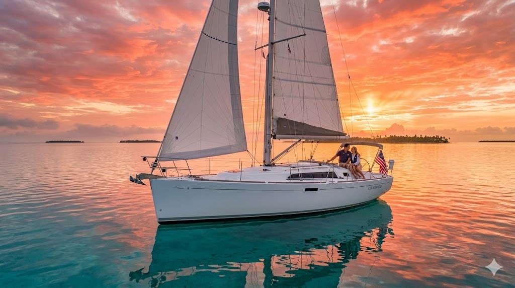 Florida Keys sunset sailing vacation romantic couple helm twilight turquoise water