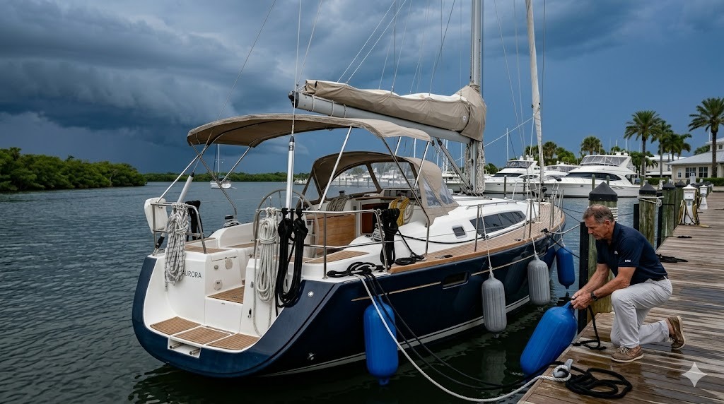 Florida yacht owner hurricane prep checking dock lines storm fenders sailboat protection